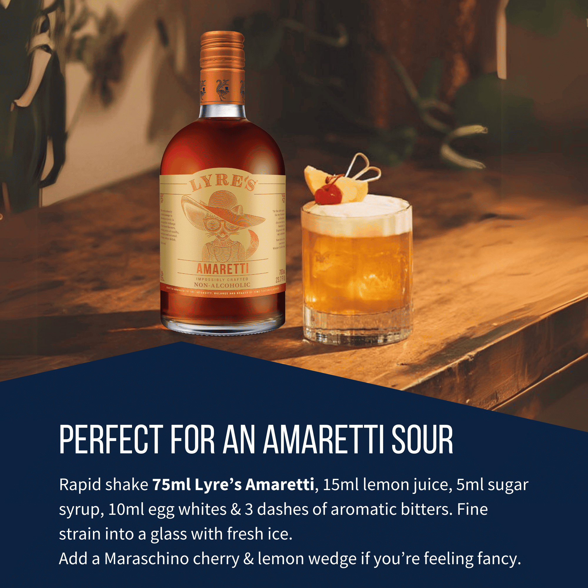 Lyre's Amaretti bottle with a Non alcoholic Amaretto Sour cocktail on a wooden surface, featuring a recipe for an Amaretti Sour.
