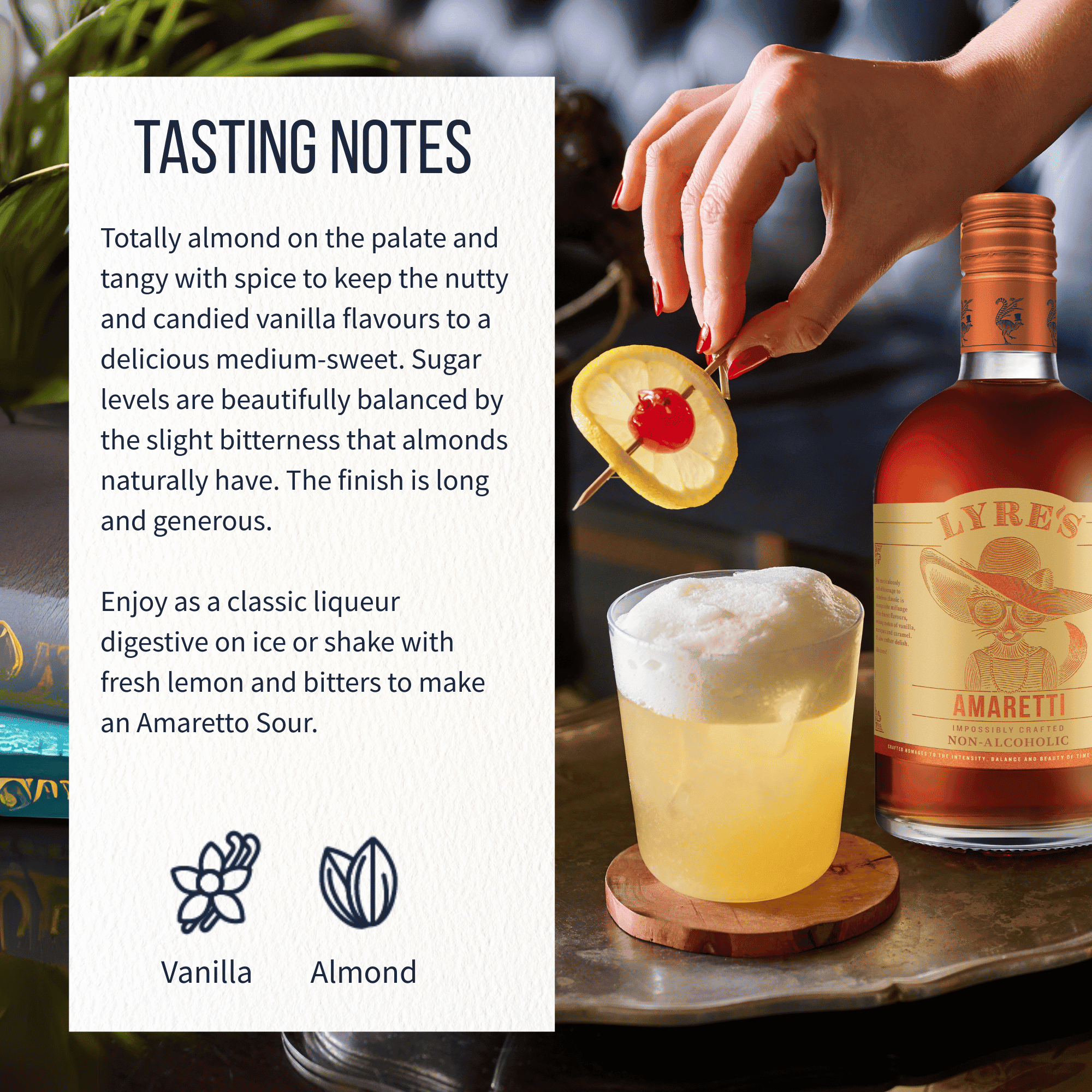 Lyre's Amaretti bottle with cocktail and garnish, tasting notes text overlay