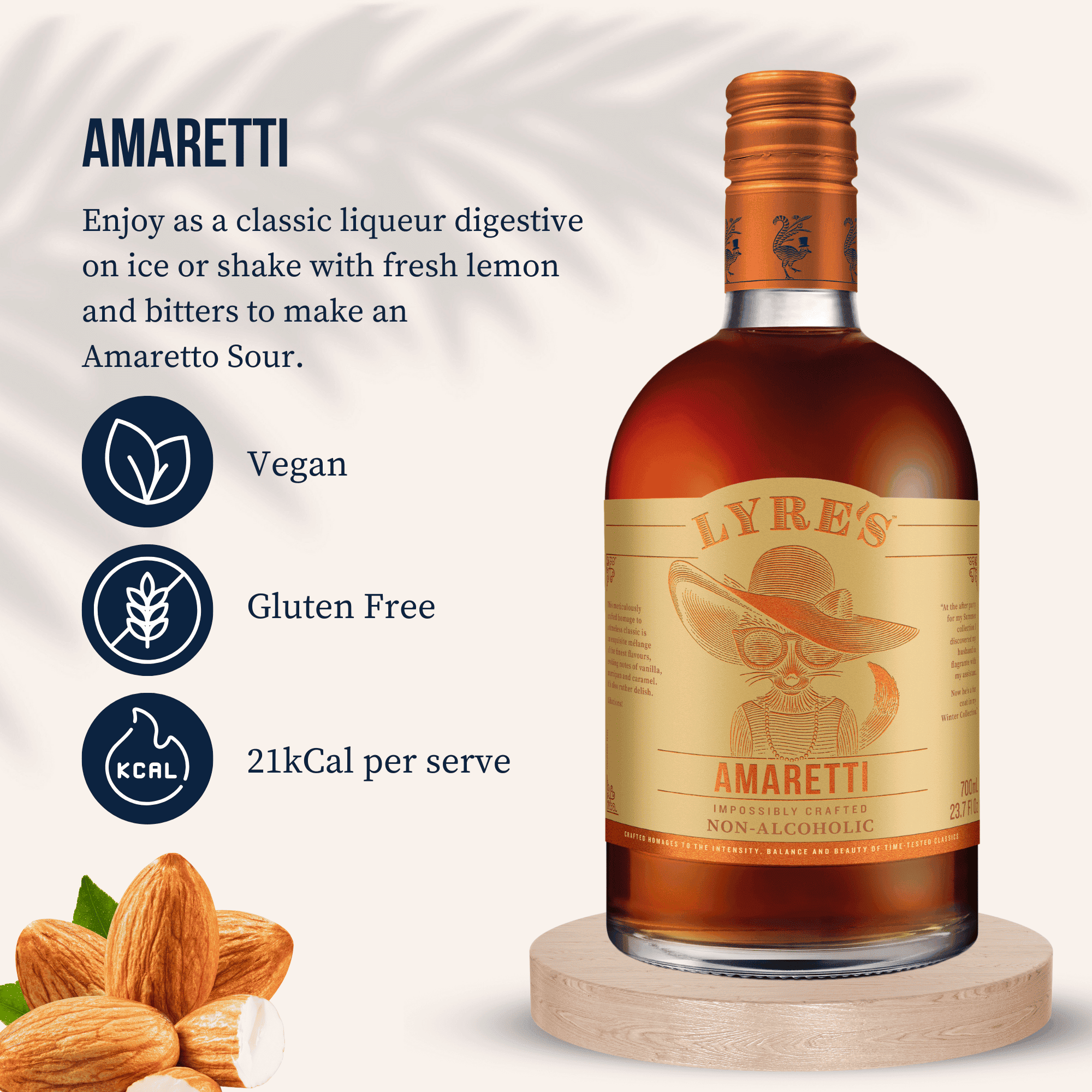 Lyre's Amaretti non-alcoholic liqueur with almonds on a white background and key product information