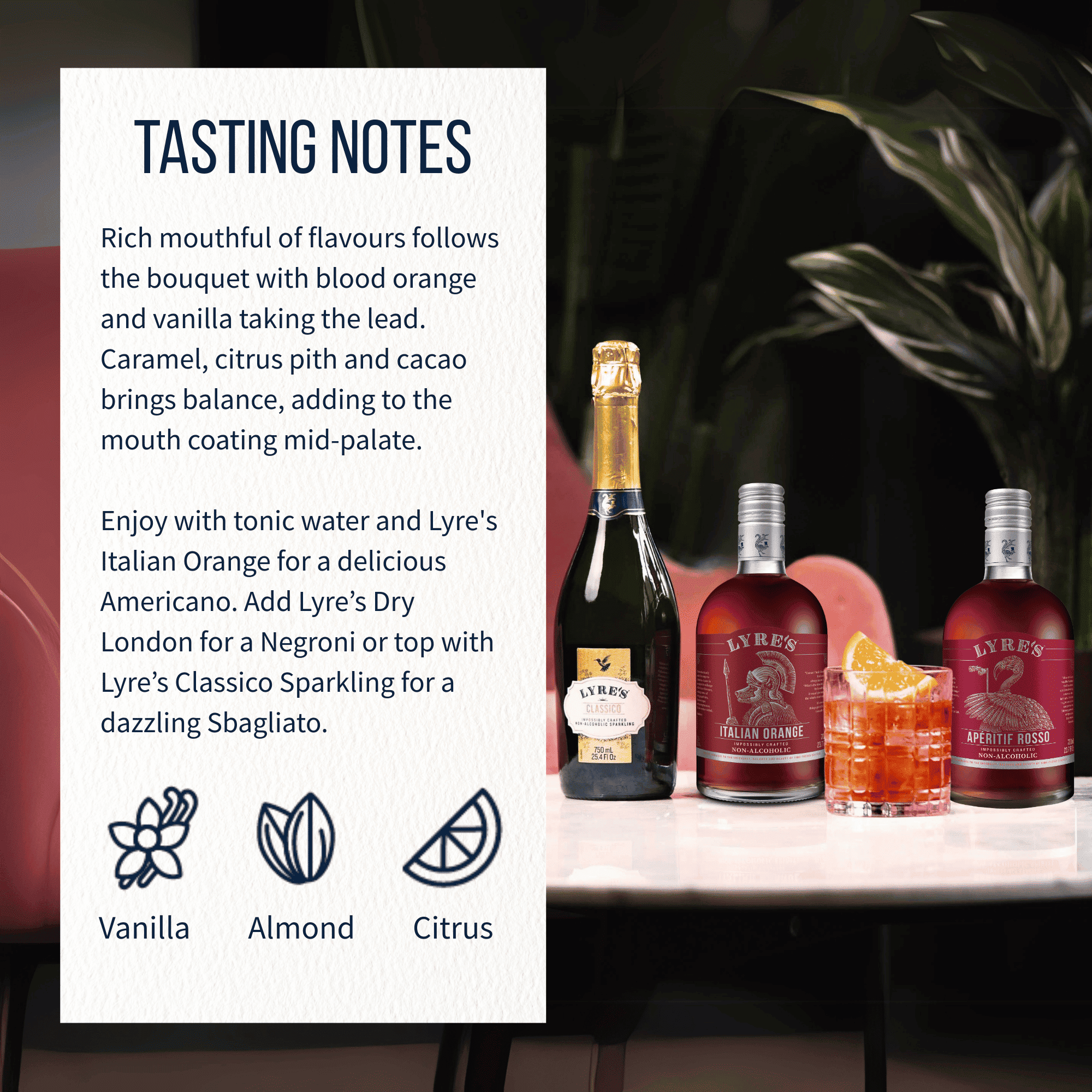 Lyre's Classico, Italian Orange and Aperitif Rosso accompanied by tasting notes.