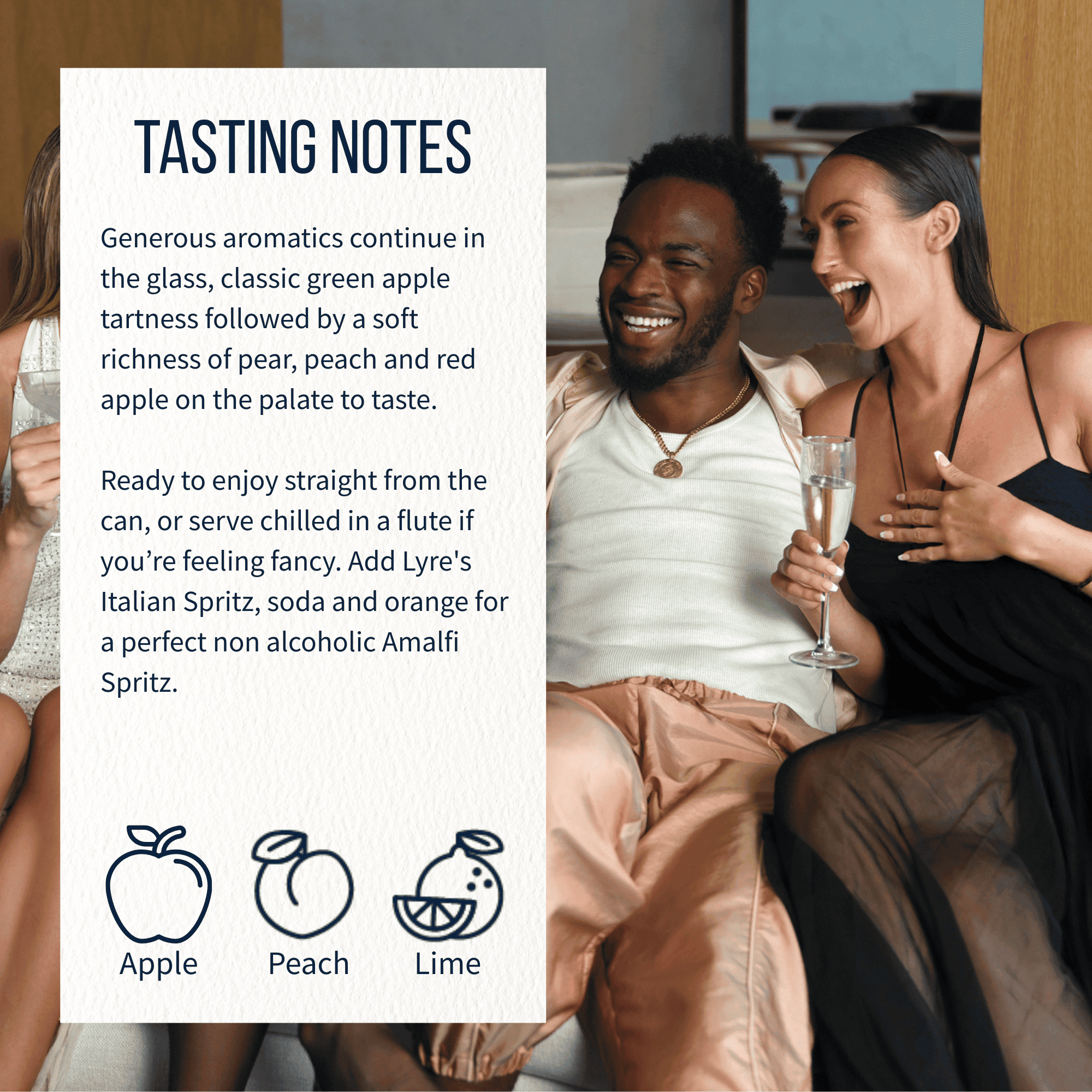 Couple enjoying a drink together with tasting notes displayed.