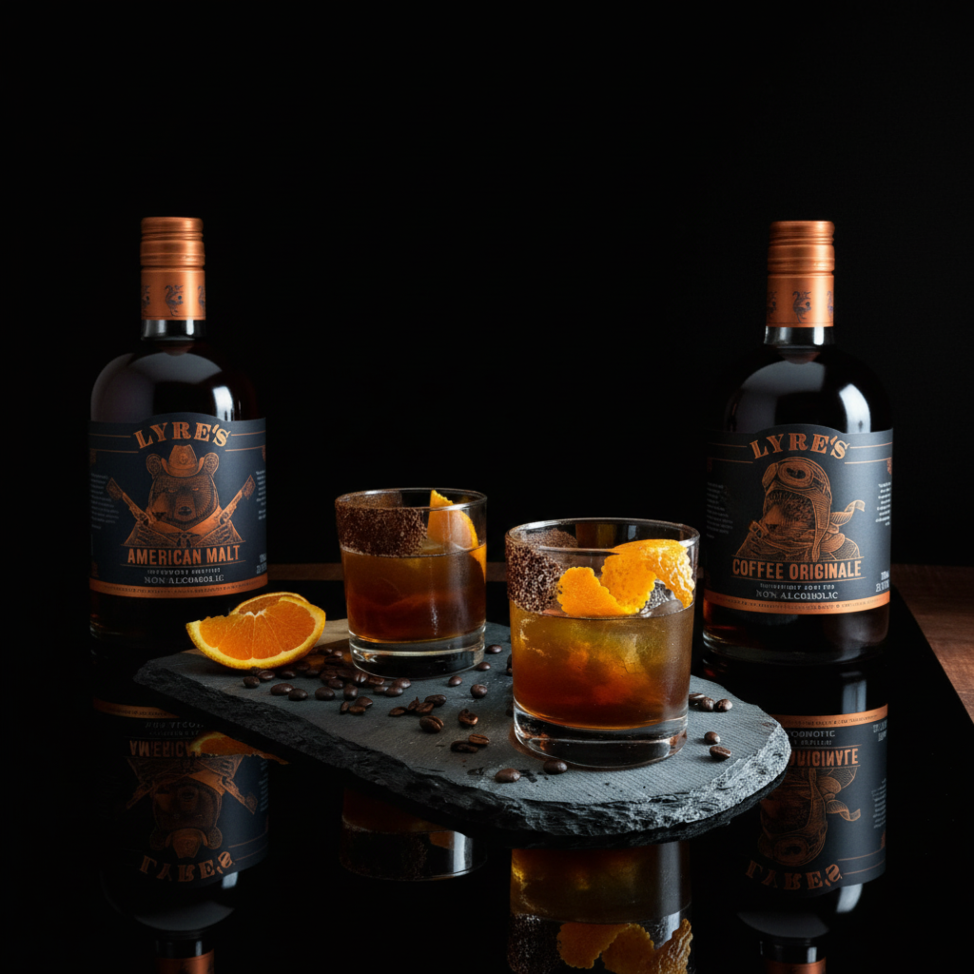 Two bottles of Lyre's American Malt and Coffee Original on a dark surface with cocktails and orange slices.