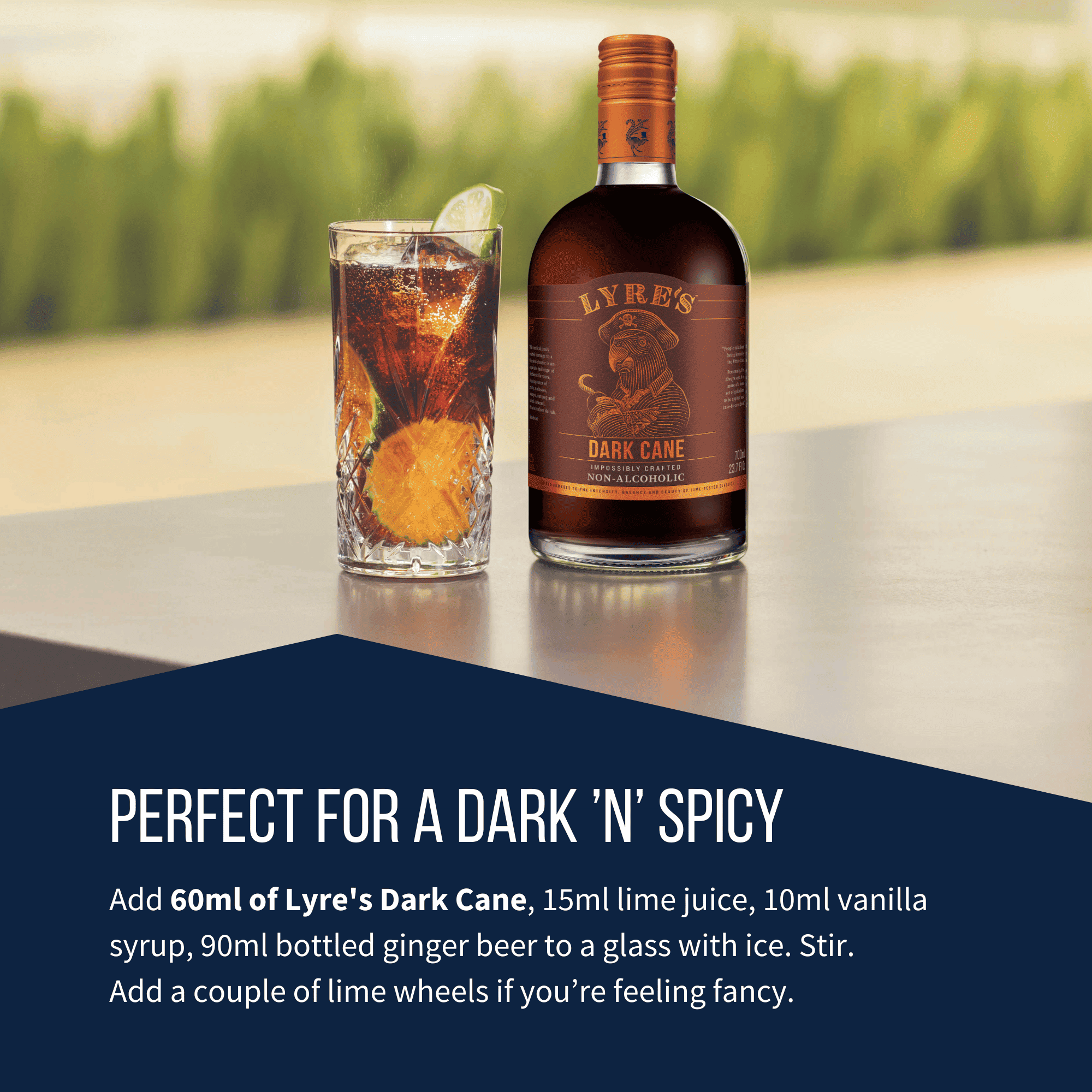 Lyre's Dark Cane bottle with a cocktail on a table outdoors with non alcoholic Dark 'n' Spicy cocktail recipe