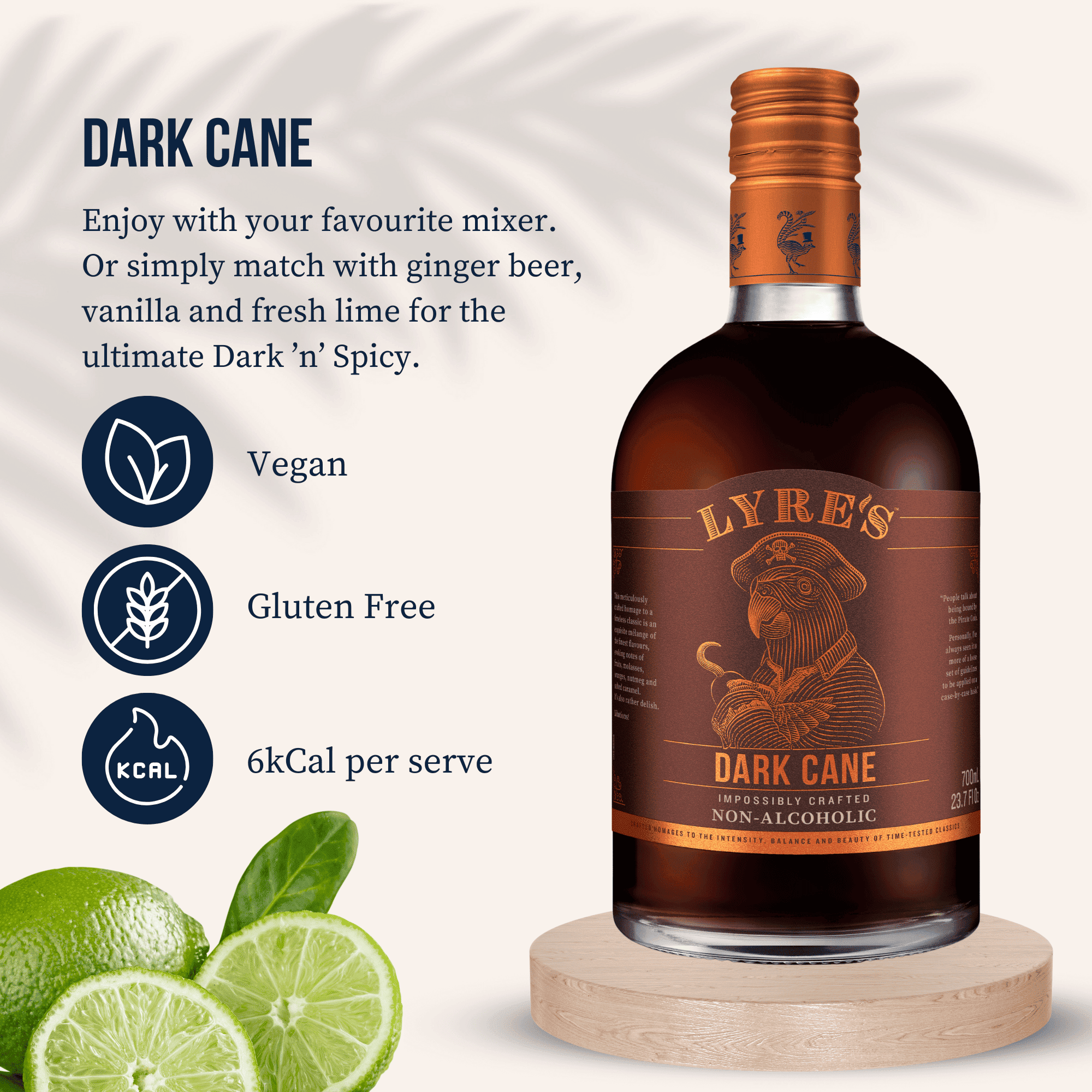 Lyre's Dark Cane non-alcoholic with lime slices on a white background and important product details