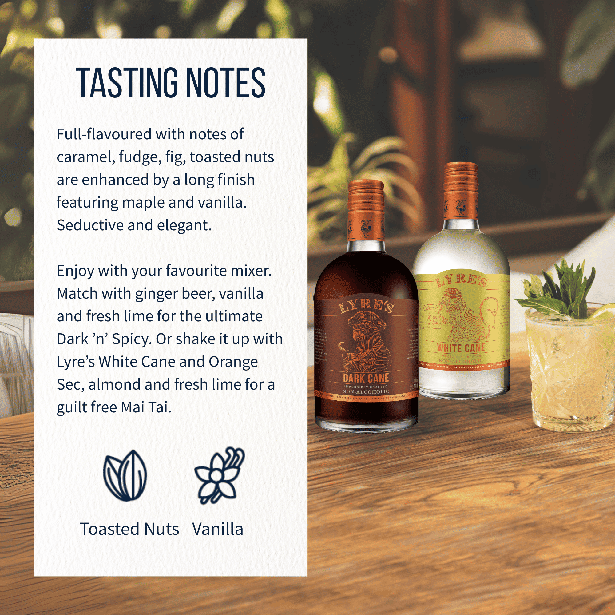 Lyre's Dark Cane and White Cane rum on a wooden table with tasting notes text.