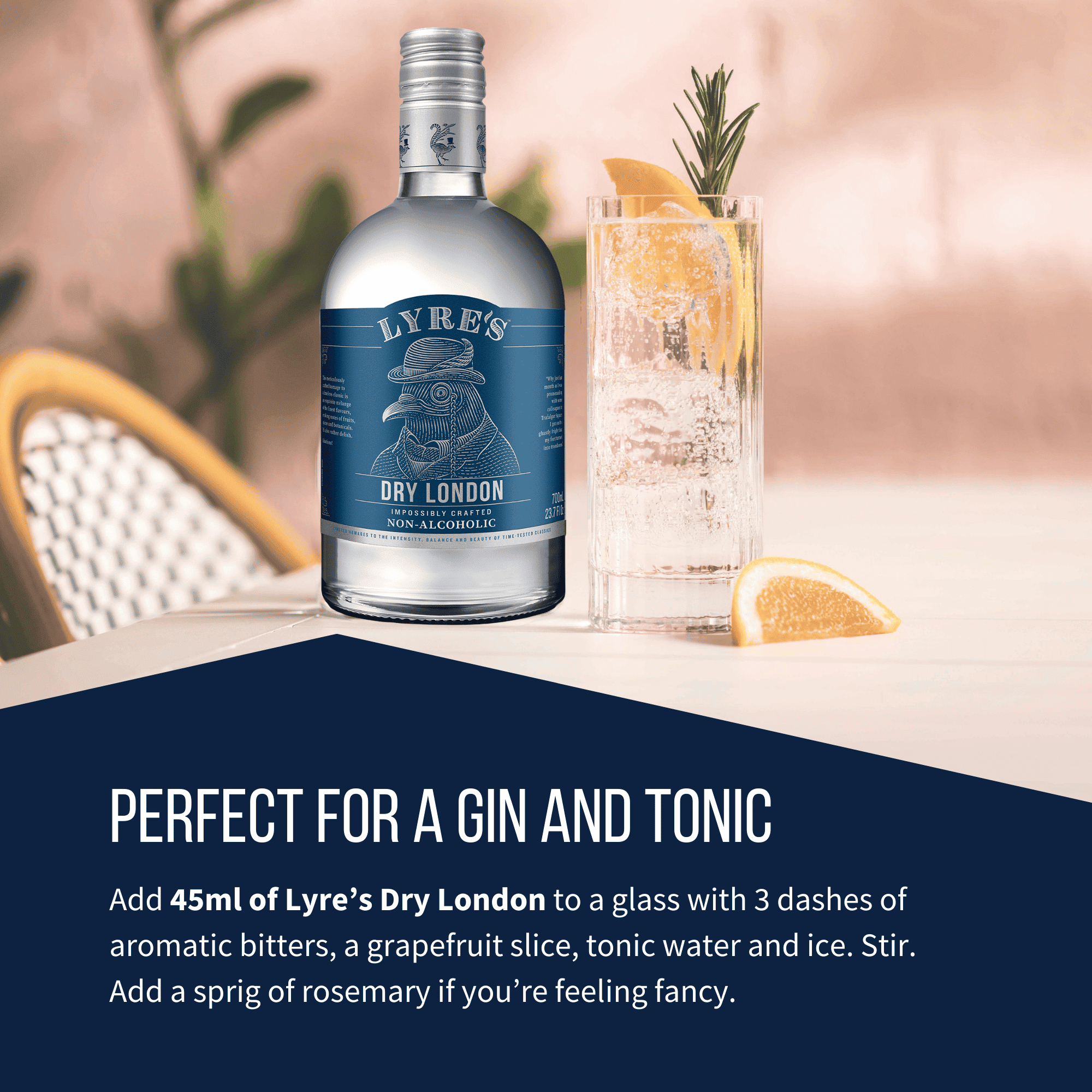 Lyre's Dry London non-alcoholic with a G&T non alcoholic cocktail and garnish on a blurred background