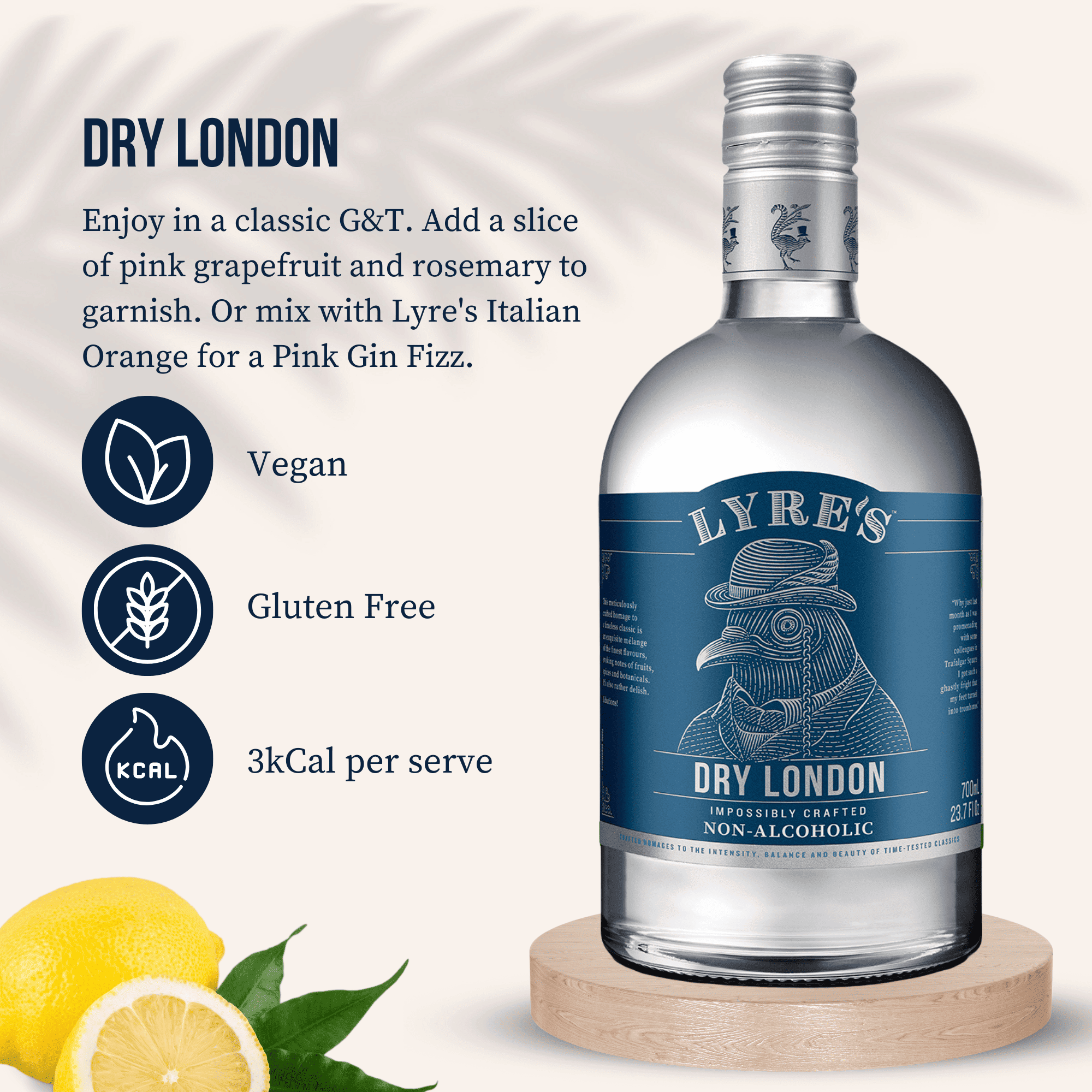 Lyre's Dry London non-alcoholic with lemon slices on a white background and important product information