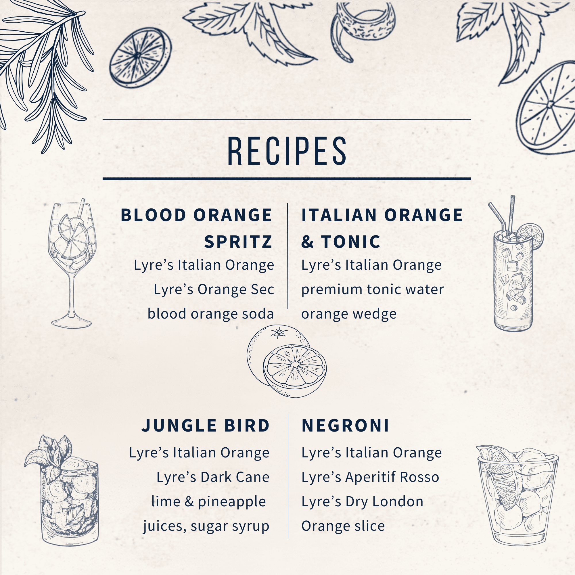 Cocktail recipes using Italian Orange including non alcoholic Negroni and Jungle Bird