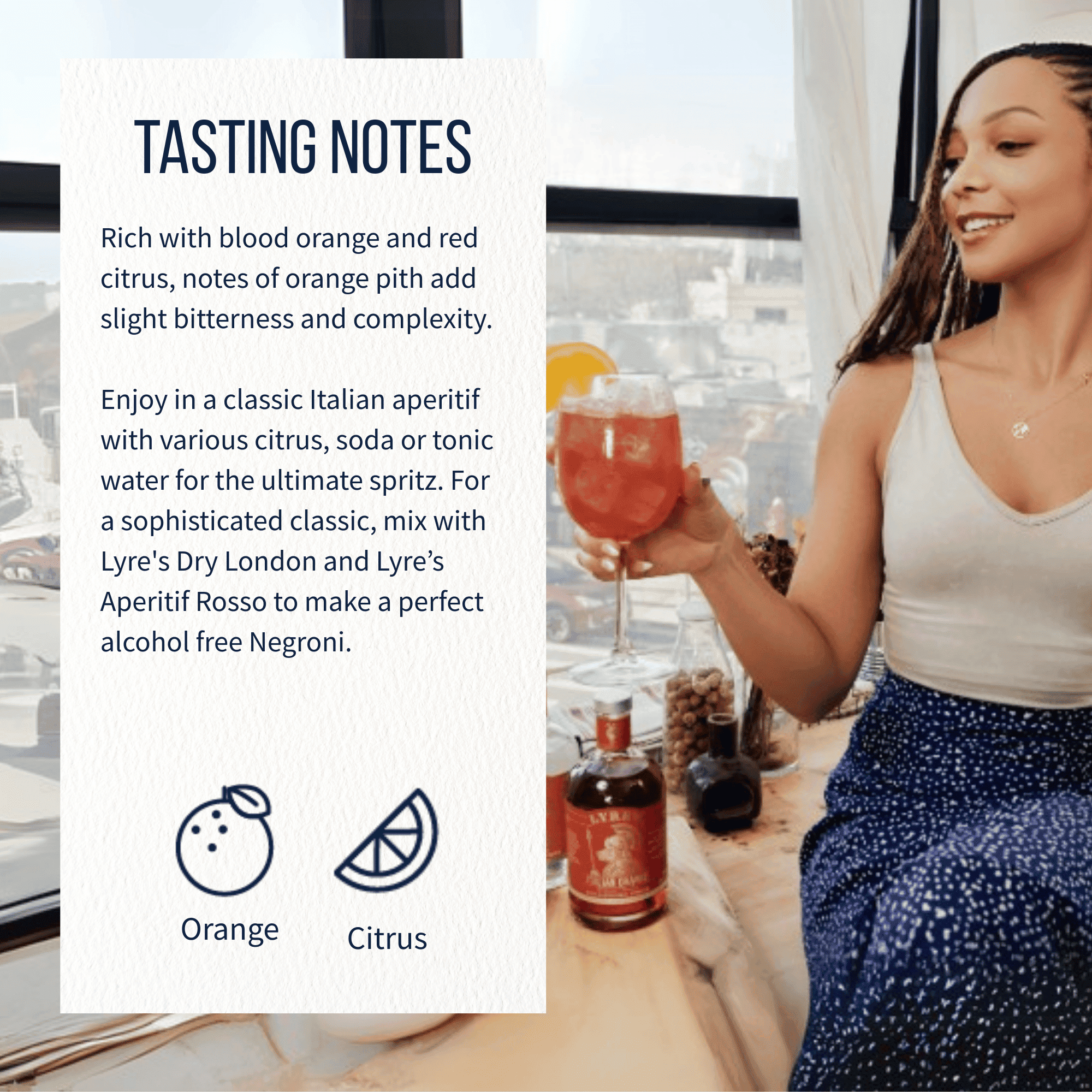 Woman holding a cocktail with tasting notes on the side