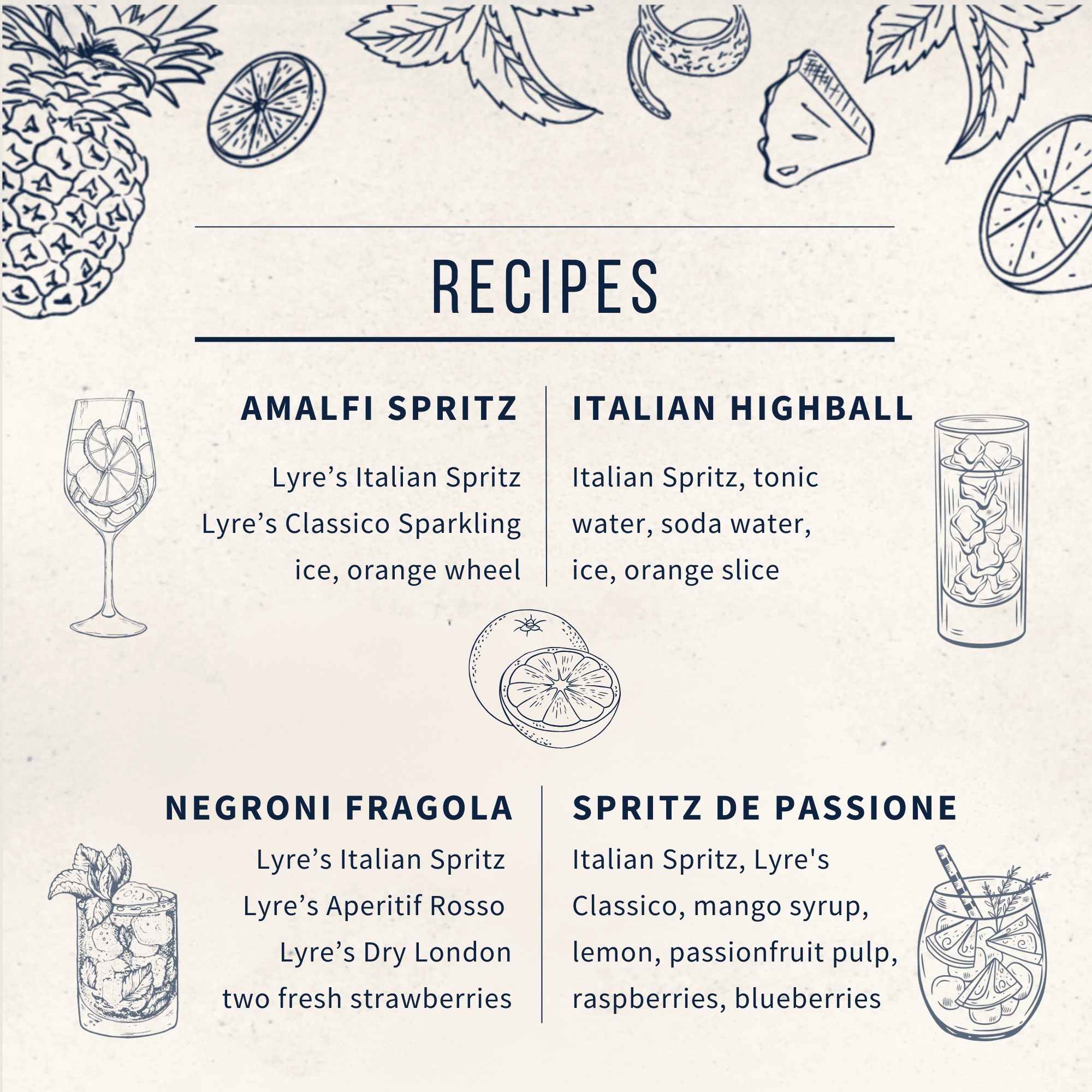 Recipe card for drinks using Lyre's Italian Spritz including Amalfi Spritz, Italian Highball, Negroni Fragola, and Spritz de Passione.