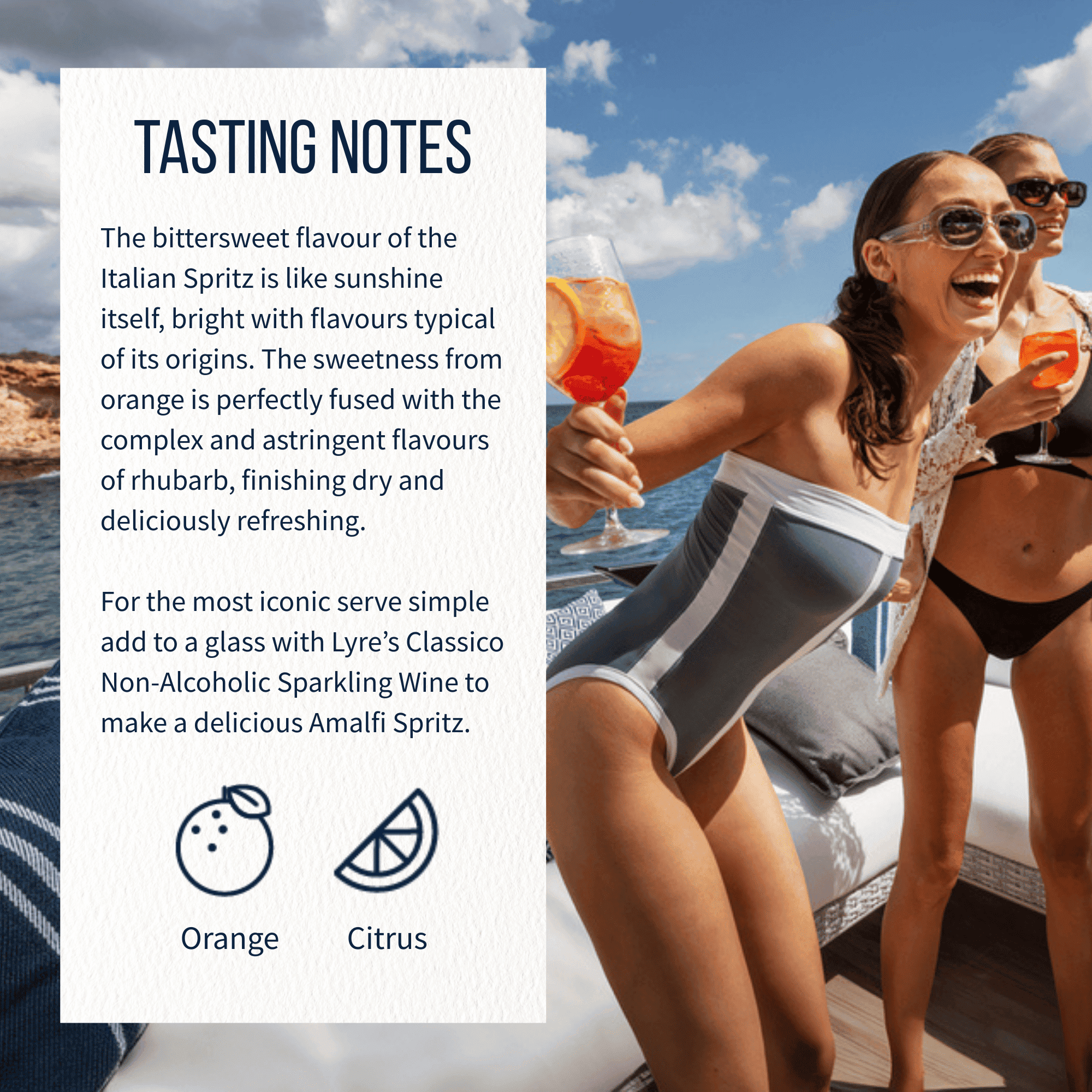 Two women enjoying drinks on a boat with tasting notes about Lyre's Italian Spritz.
