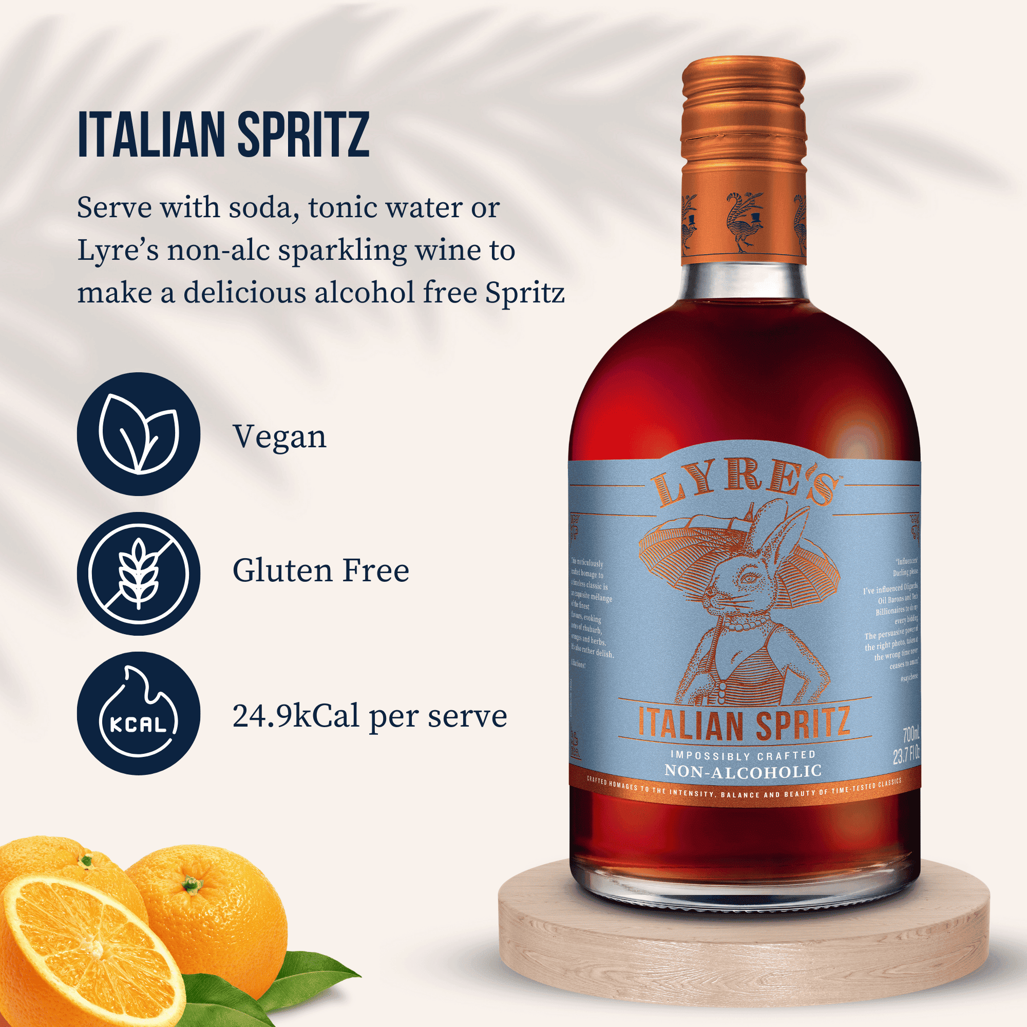 Lyre's Italian Spritz with key information about the product and ingredients on a white background