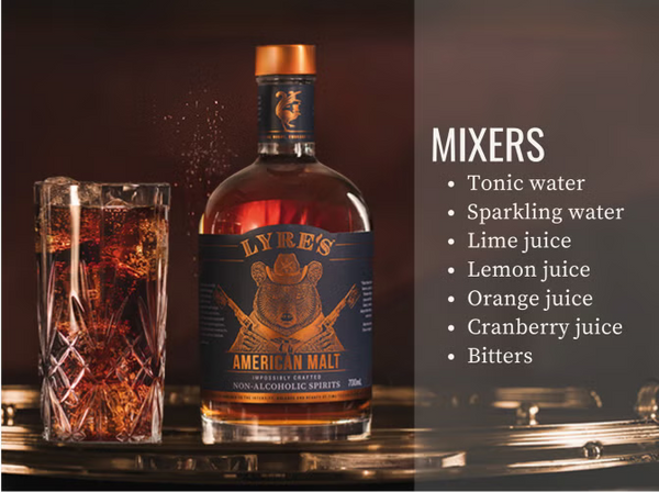 Mixers: tonic water, sparkling water, lime juice, lemon juice, orange juice, cranberry juice, bitters