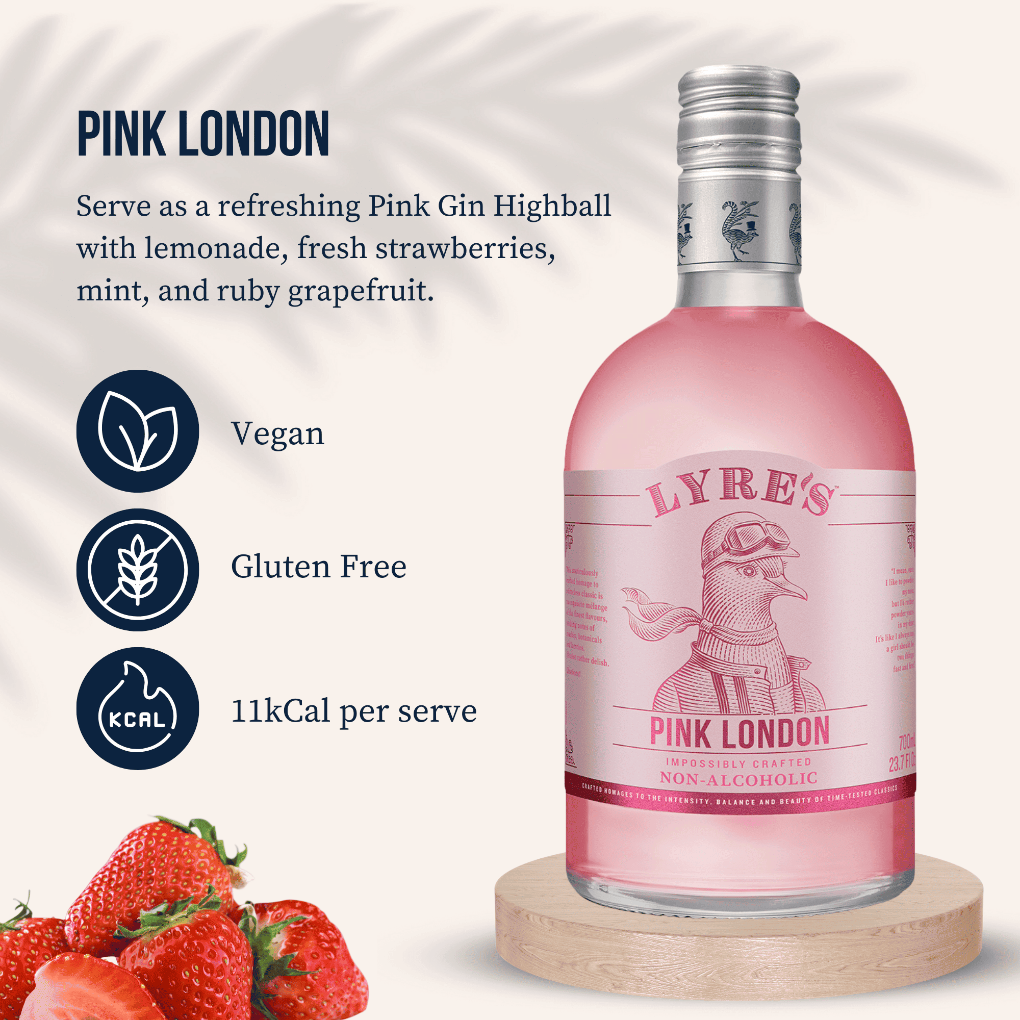 Bottle of Lyre's Pink London with strawberries on a white background and key selling points