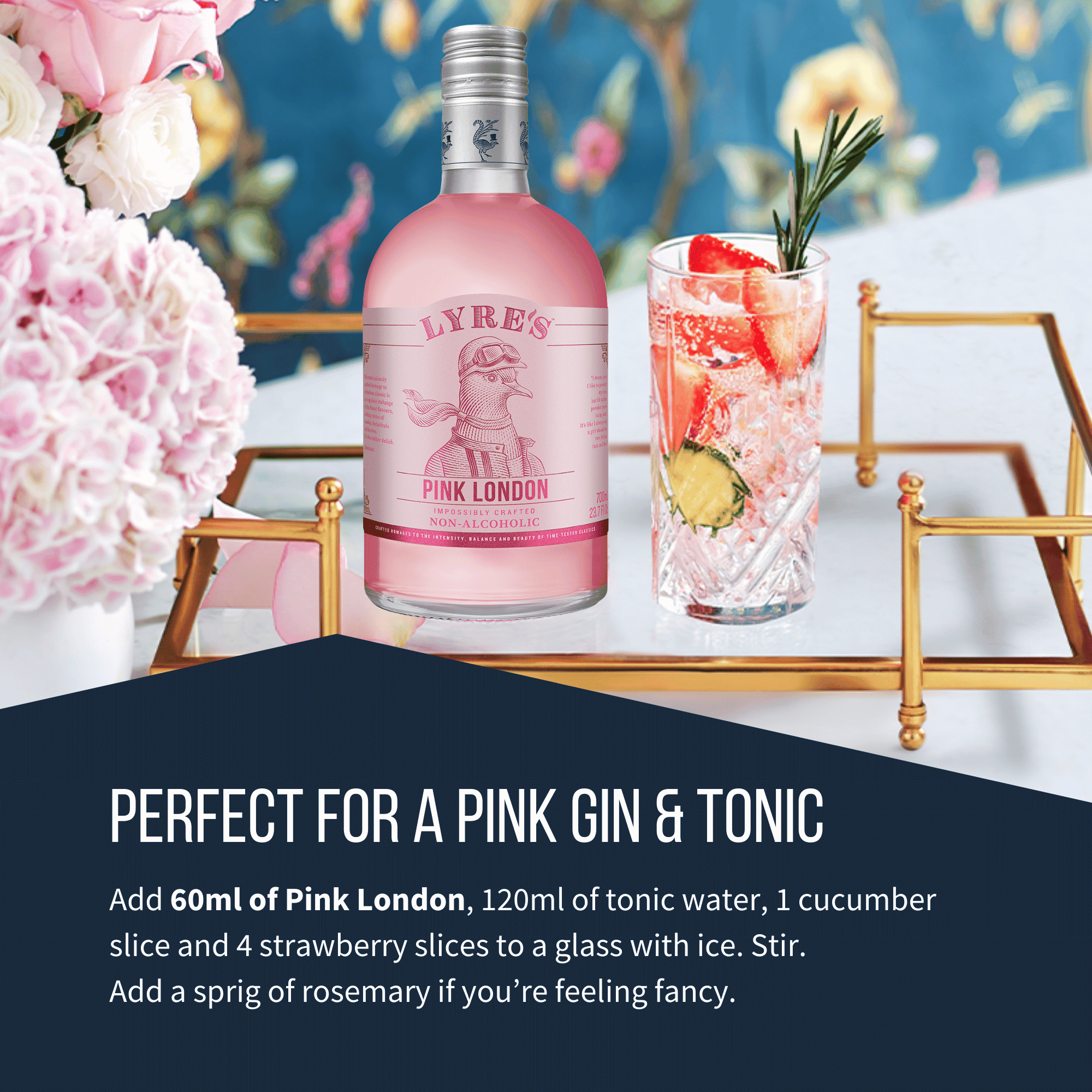 Pink London bottle with a glass of Pink London Spritz on a decorative table with flowers.