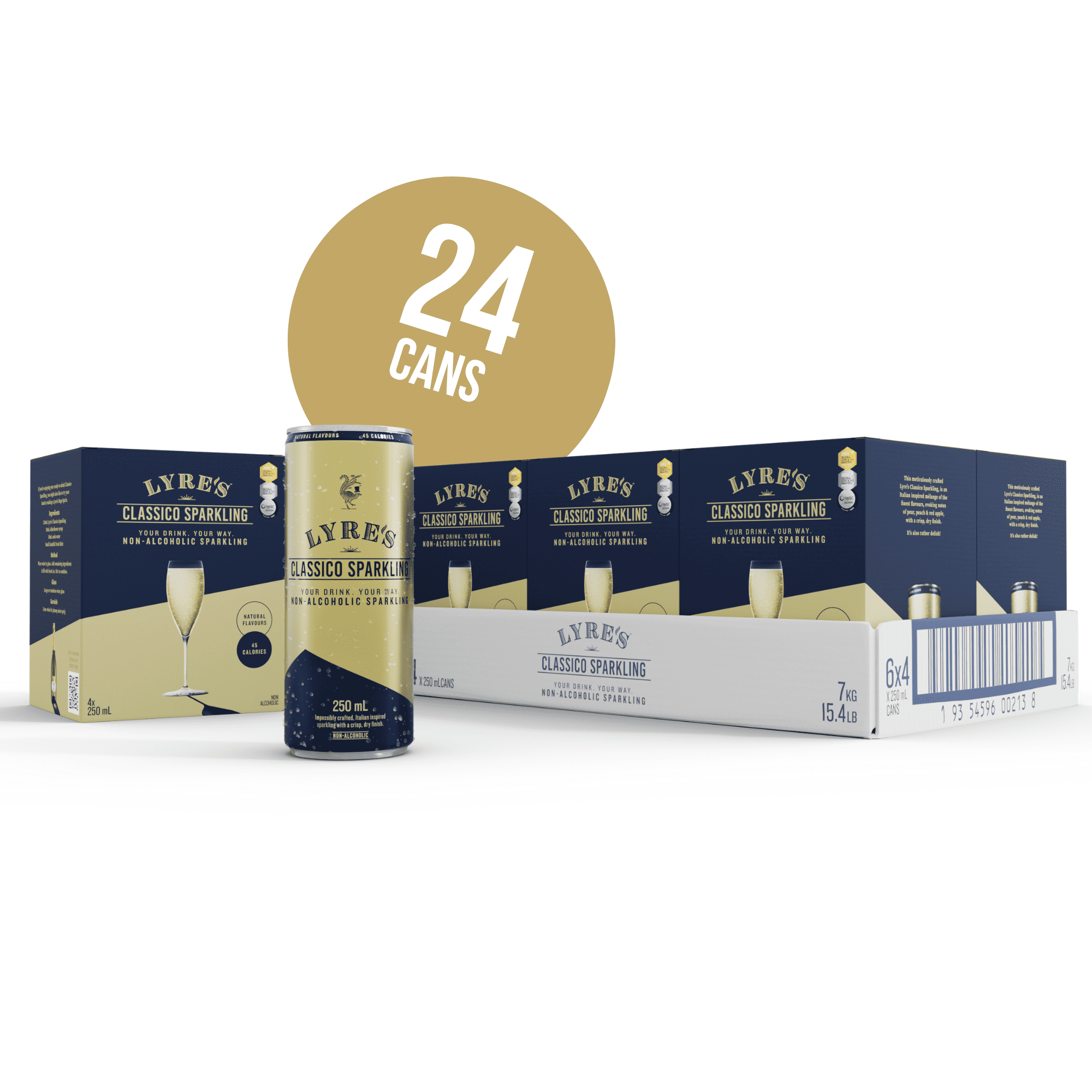 Lyre's Classic Sparkling cans and packaging with a '24 Cans' label on a white background