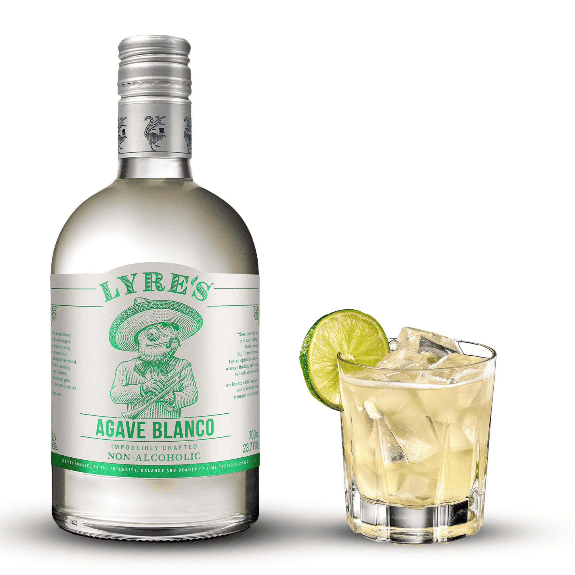 Lyre's Agave Blanco bottle with a glass of non-alcoholic Margarita on a white background