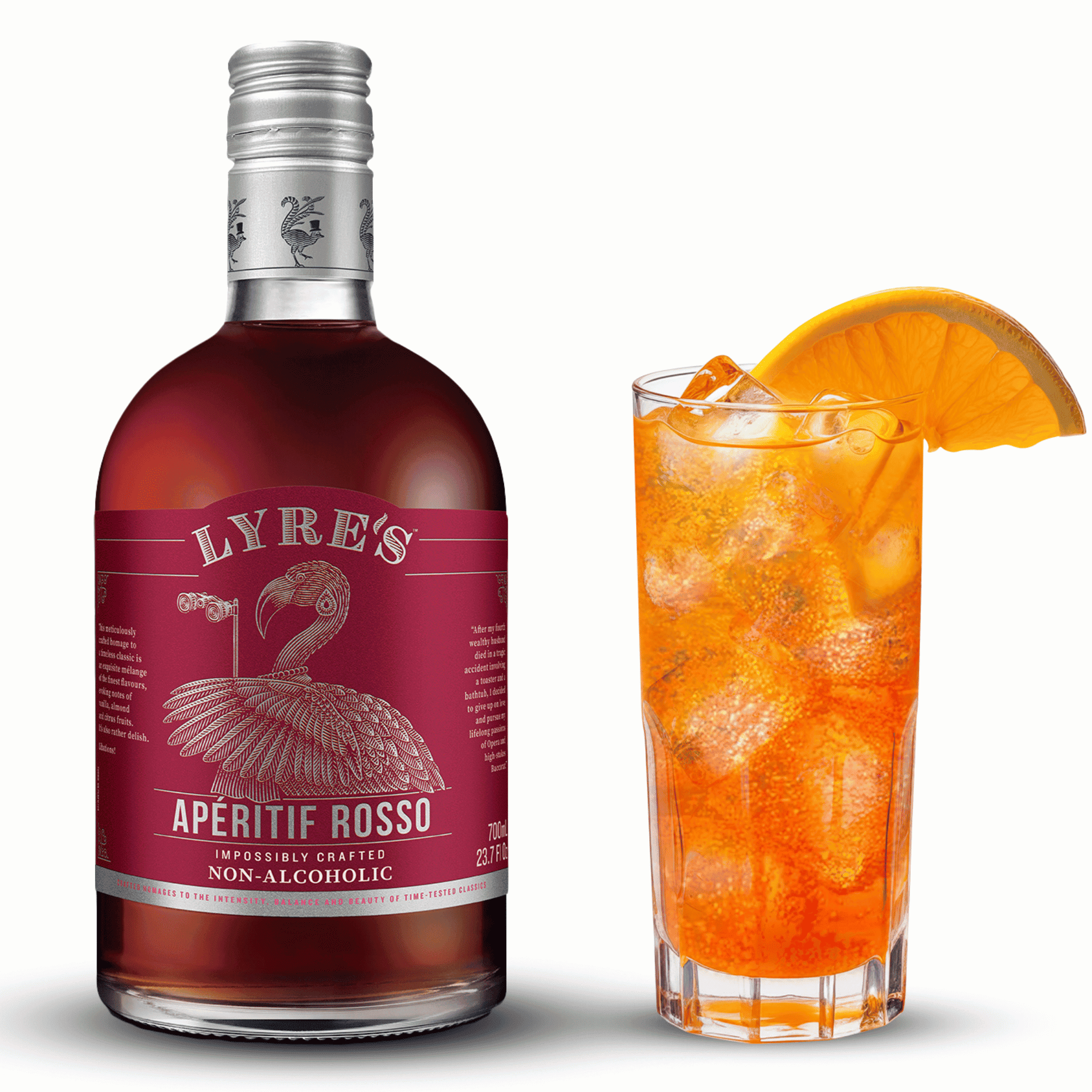 Lyre's Aperitif Rosso bottle with a glass of Americano mocktail on a white background