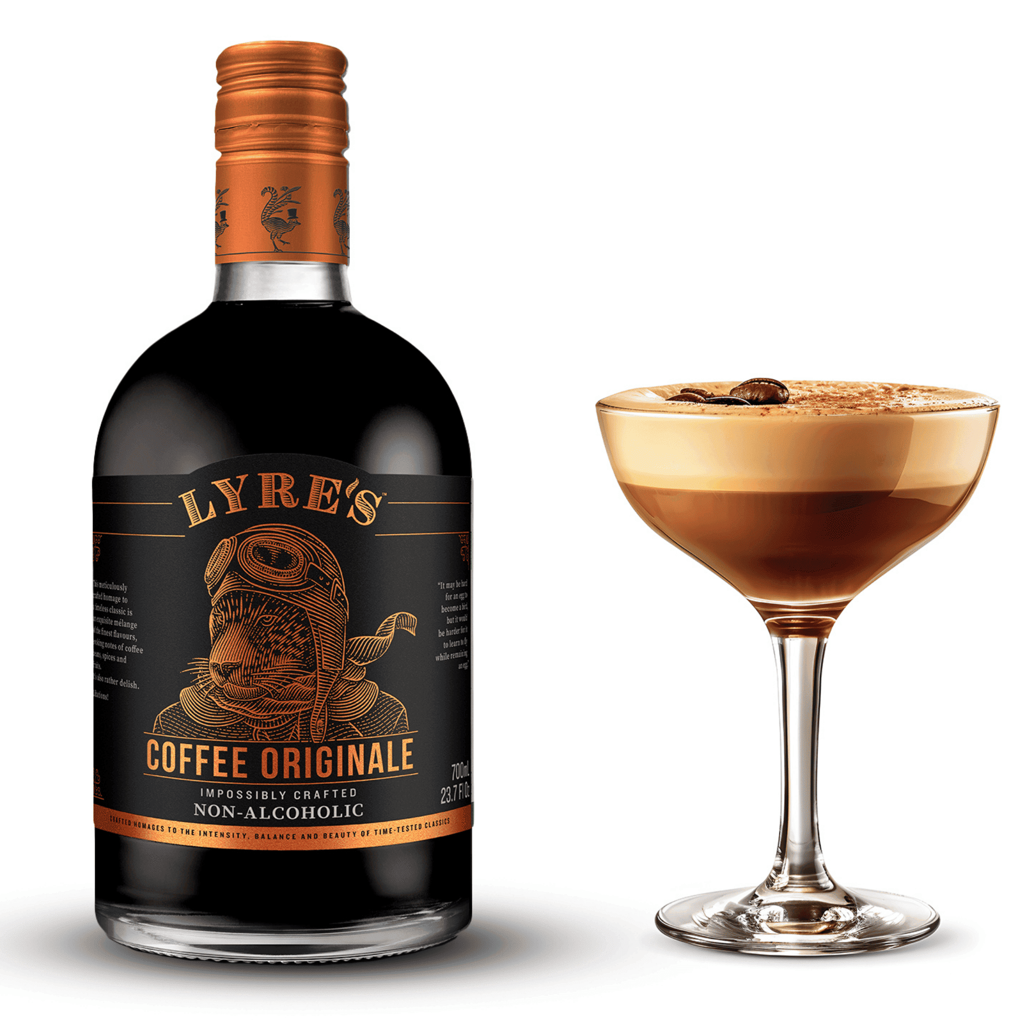 Bottle of Lyre's Coffee Originale non-alcoholic coffee liqueur next to a non alcoholic espresso martini cocktail.