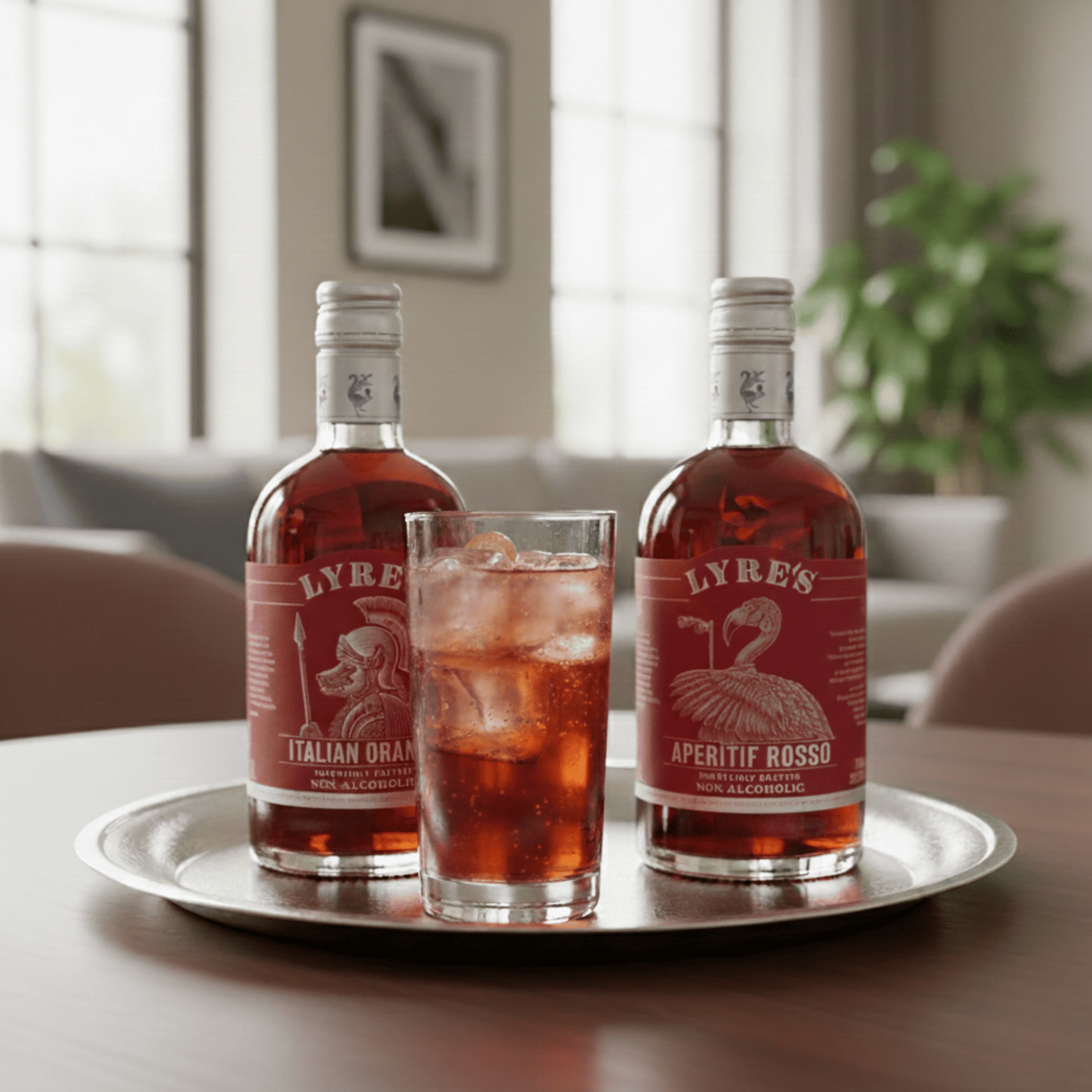 Two bottles of Lyre's Aperitif Rosso and Italian Orange on a tray with a glass Americano mocktail.