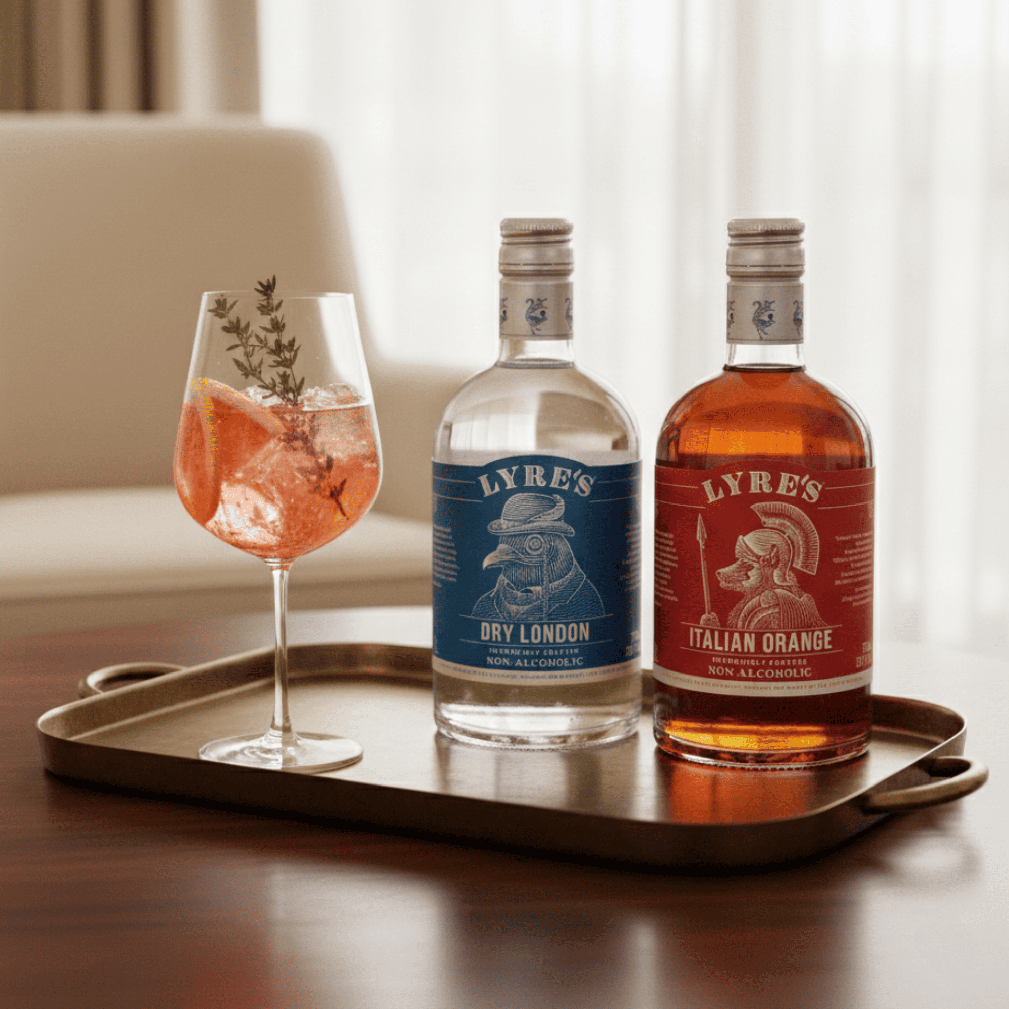 Two bottles of Lyre's non alcoholic Dry London and Italian Orange on a tray with a cocktail glass, set against a neutral background.