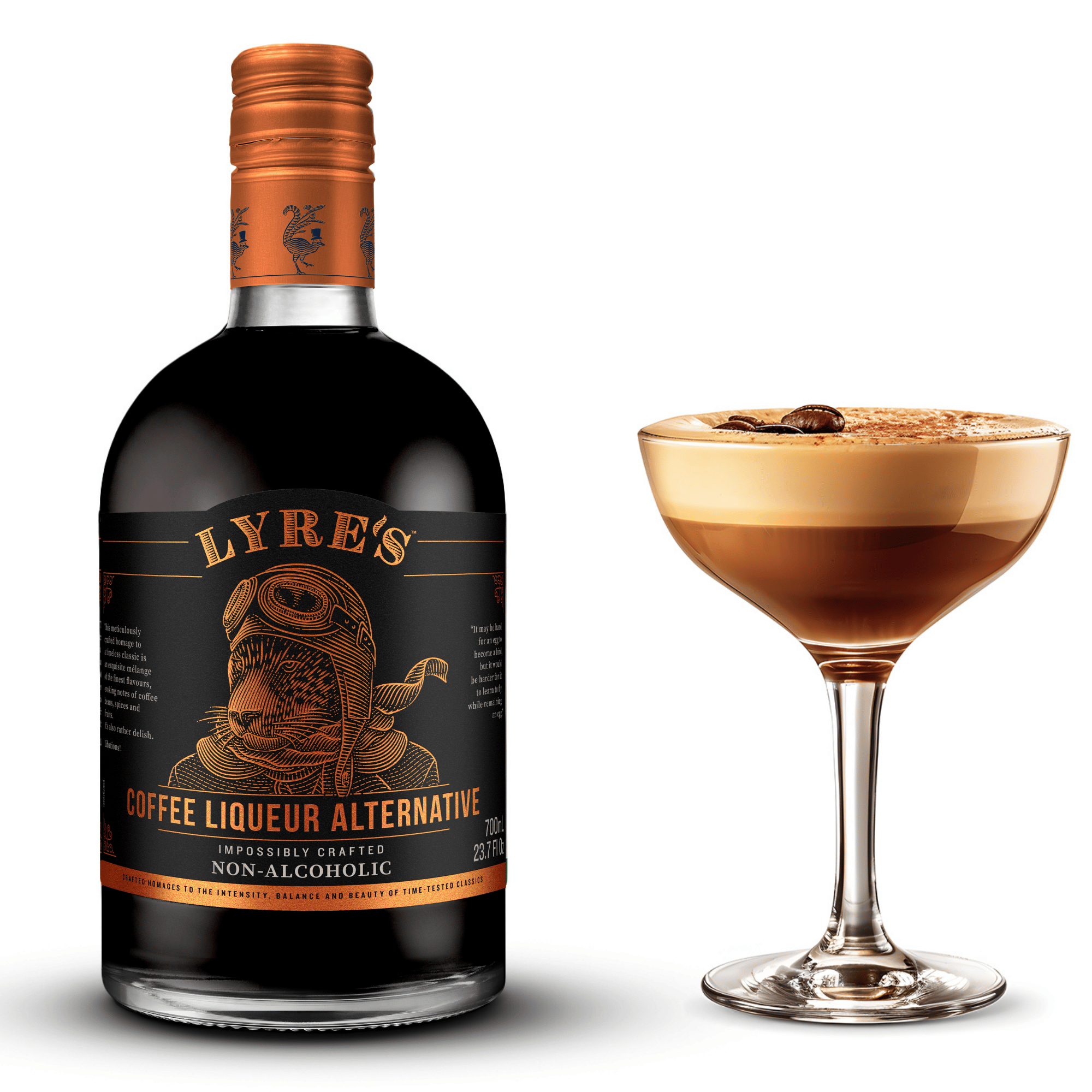 Lyre's Coffee Liqueur Alternative next to a non alcoholic espresso martini.
