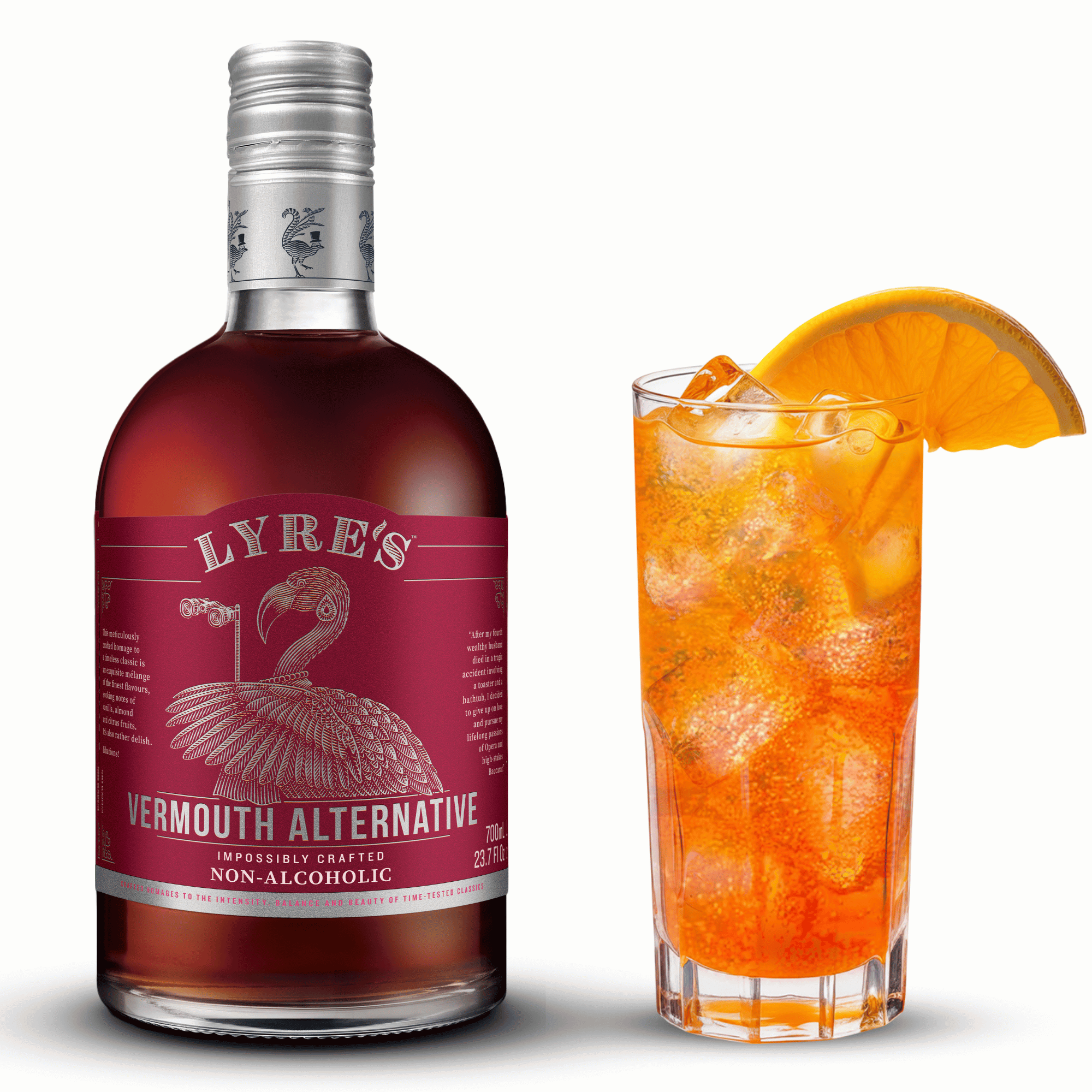 Lyre's Vermouth Alternative bottle with a non-alcoholic Americano cocktail garnished with an orange slice on a white background