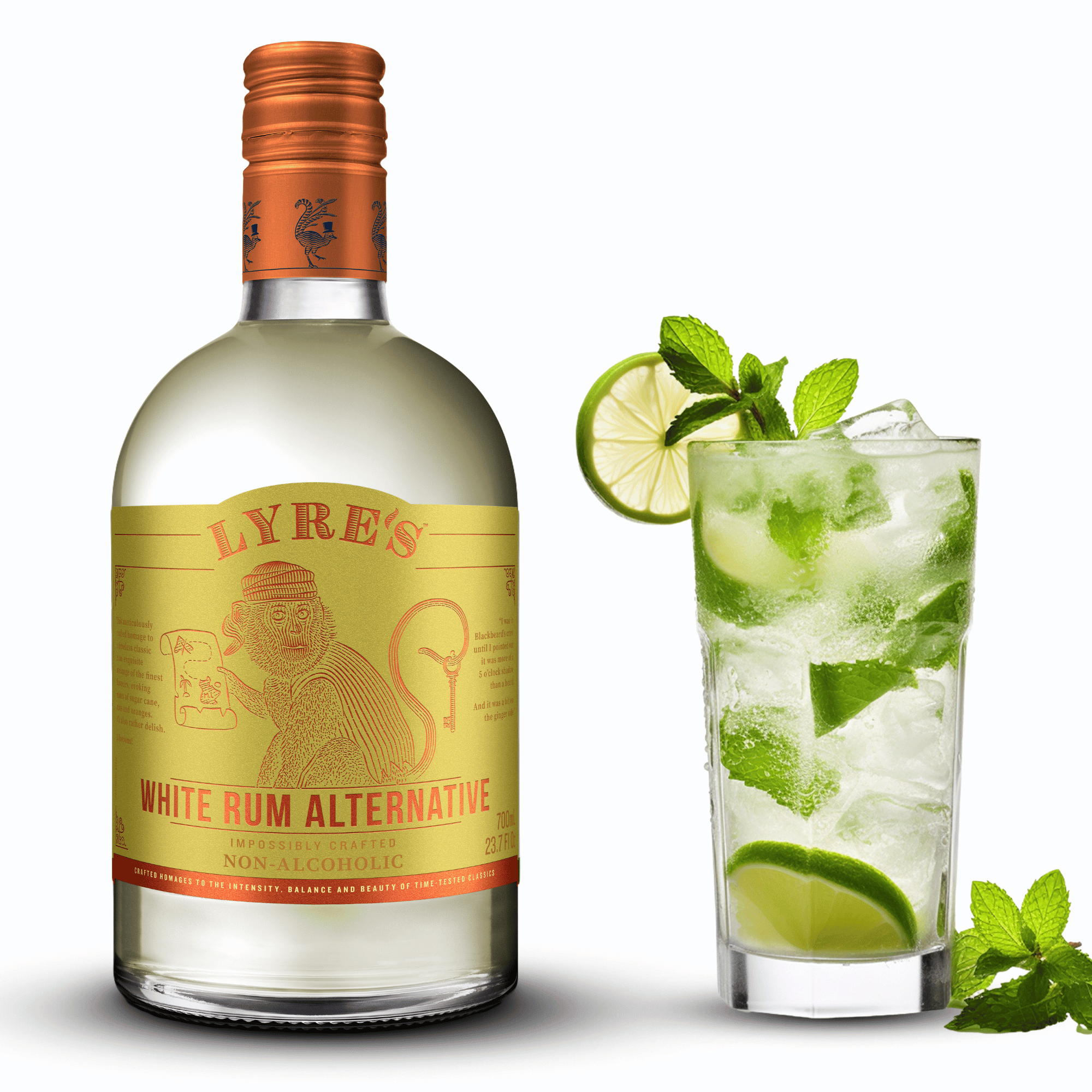 Lyre's White Rum Alternative with a non-alcoholic mojito cocktail garnished with lime and mint.