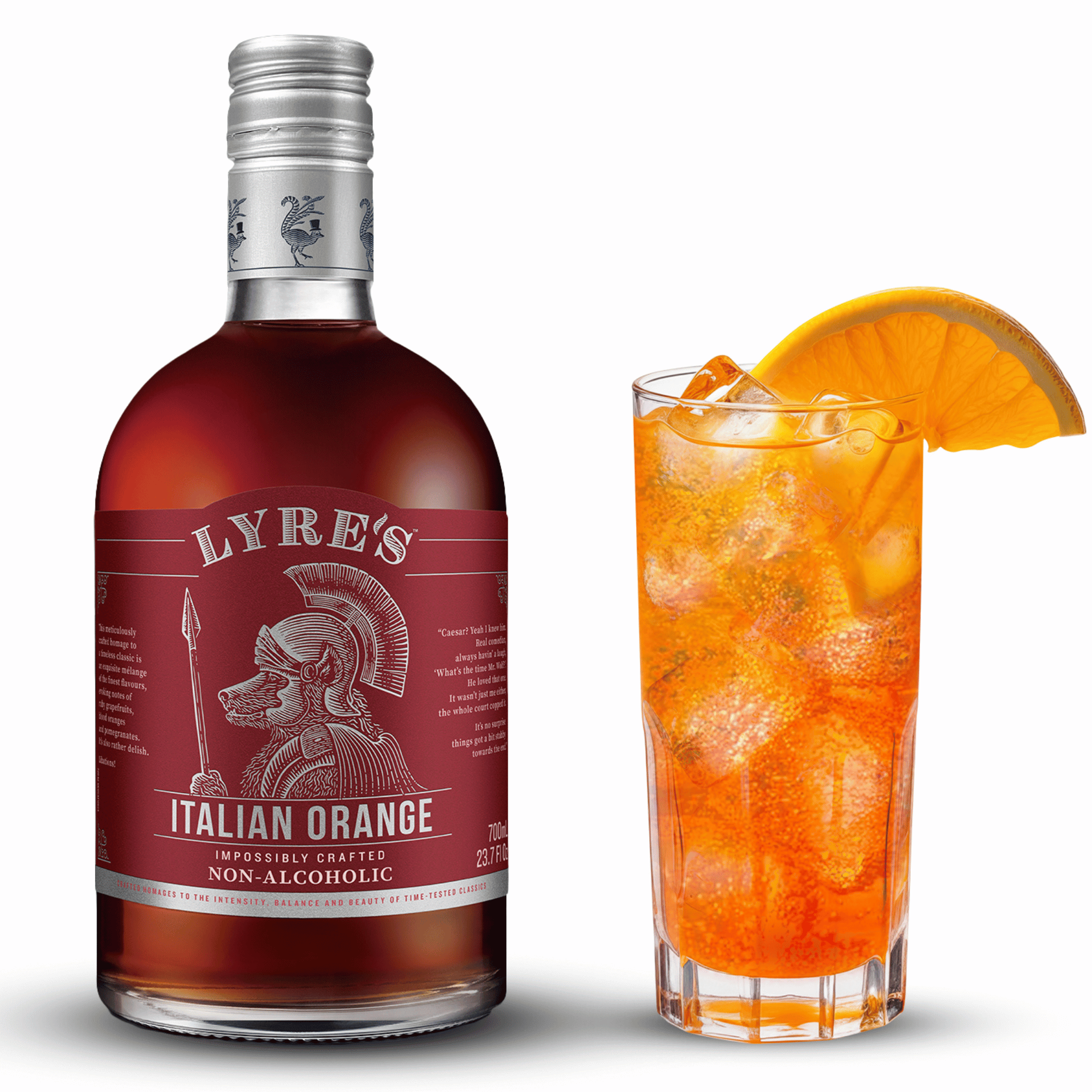 Lyre's Italian Orange non-alcoholic drink bottle with a glass of Americano mocktail with an orange slice on a white background