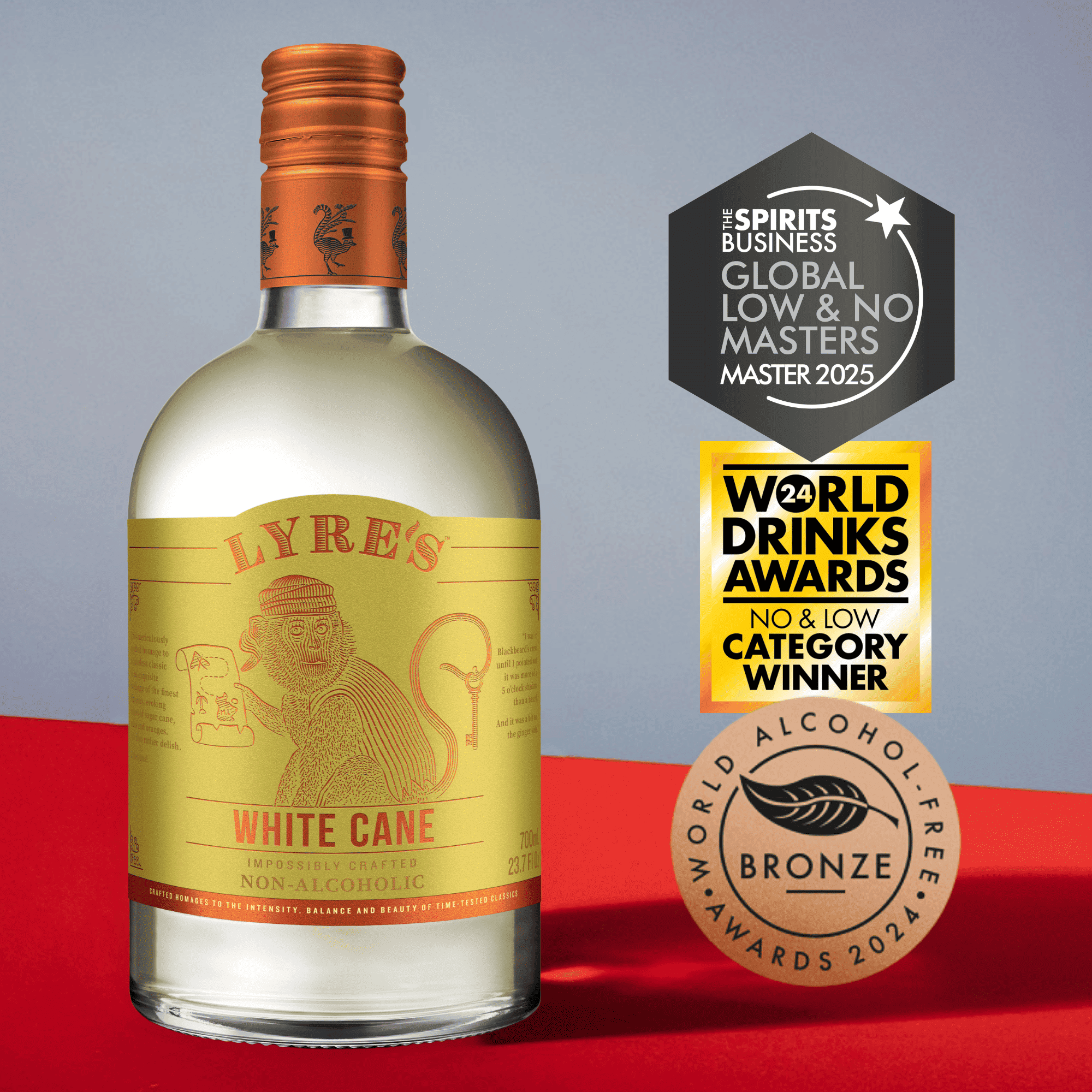 Bottle of Lyre's White Cane with awards on a red and gray background