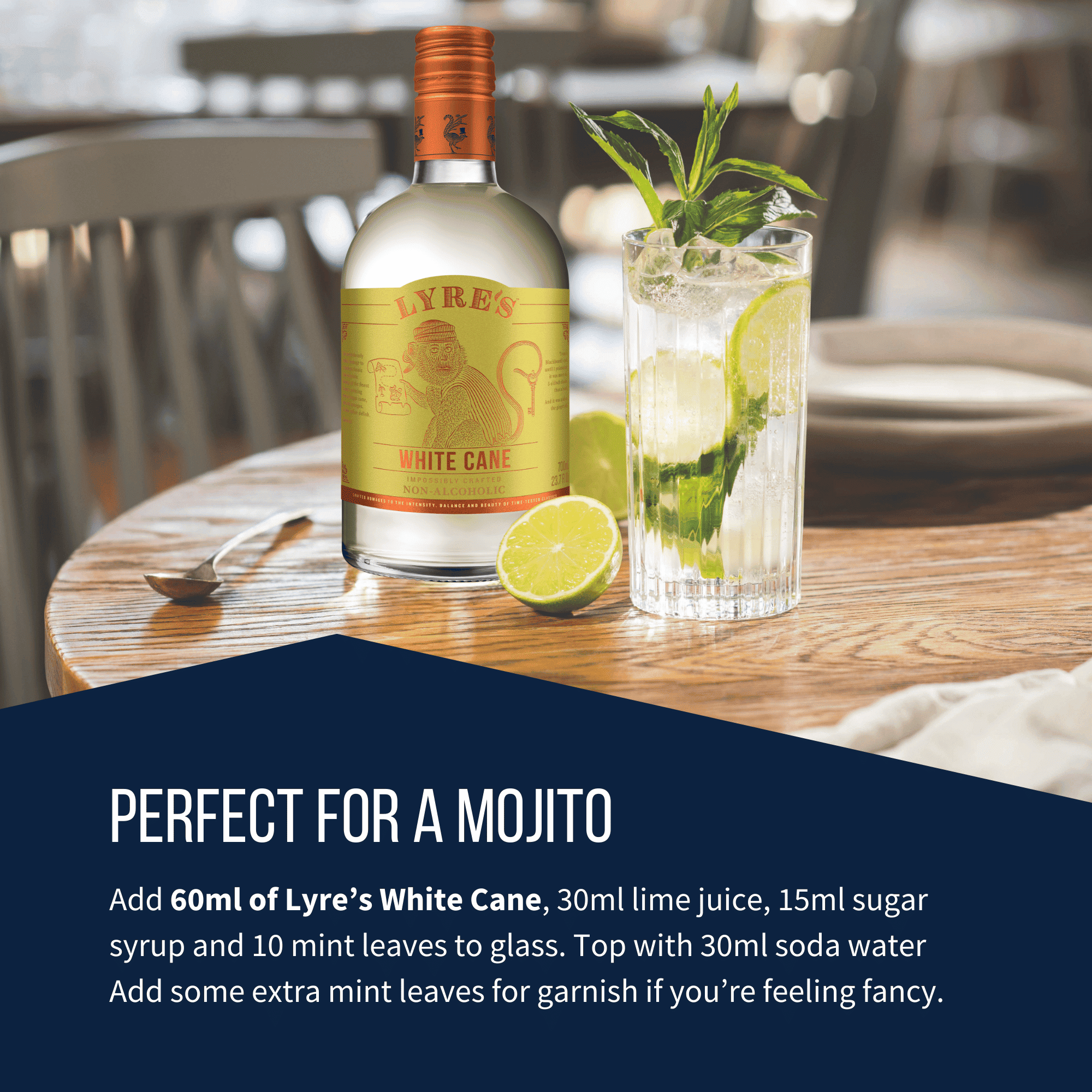 Lyre's White Cane bottle with a mojito on a wooden table